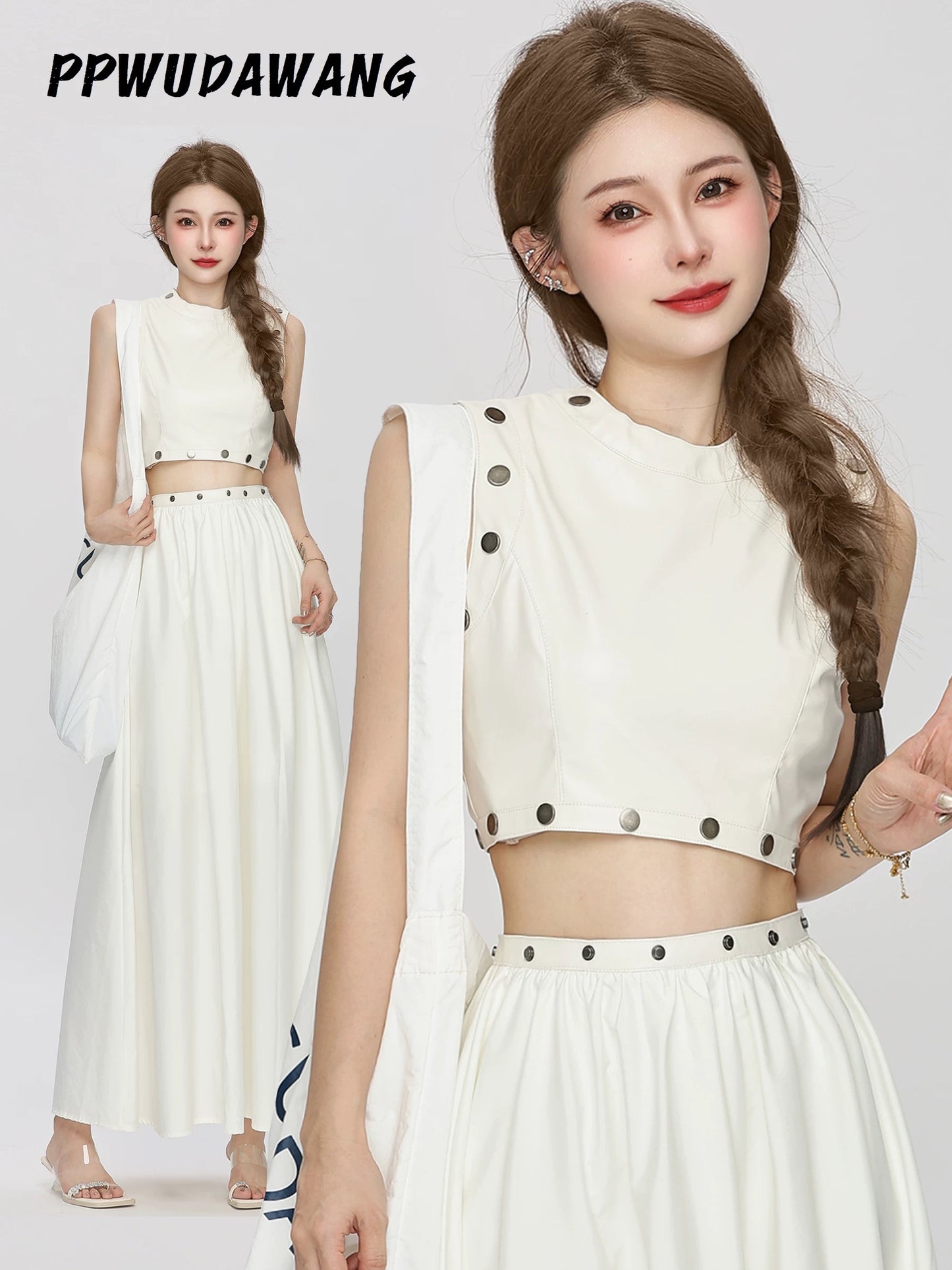 PPWUDAWANG Cold and salty style dress suit skirt sleeveless vest top temperament half-length skirt two-piece suit