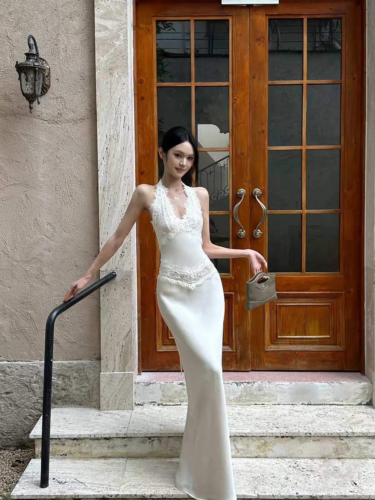 VENUIE French Lace and Satin Halter-Neck Mermaid Gown – Champagne-Colored Slim-Fit Bodycon Maxi Dress
