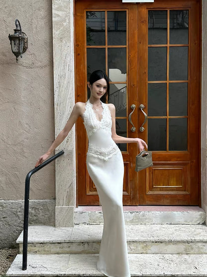 VENUIE French Lace and Satin Halter-Neck Mermaid Gown – Champagne-Colored Slim-Fit Bodycon Maxi Dress