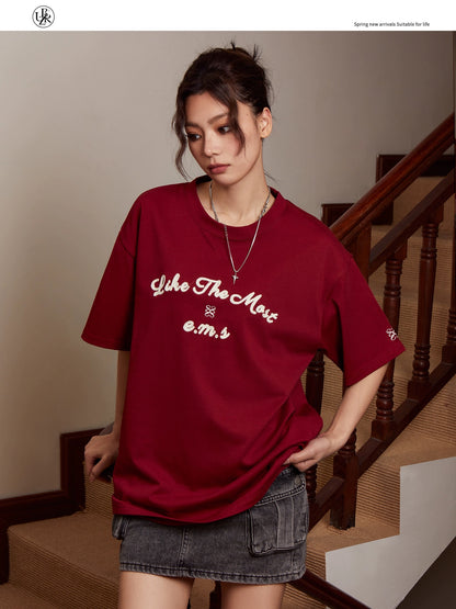 Beikastudios burgundy short-sleeved T-shirt women's summer American retro heavyweight 280G pure cotton loose half-sleeved tee