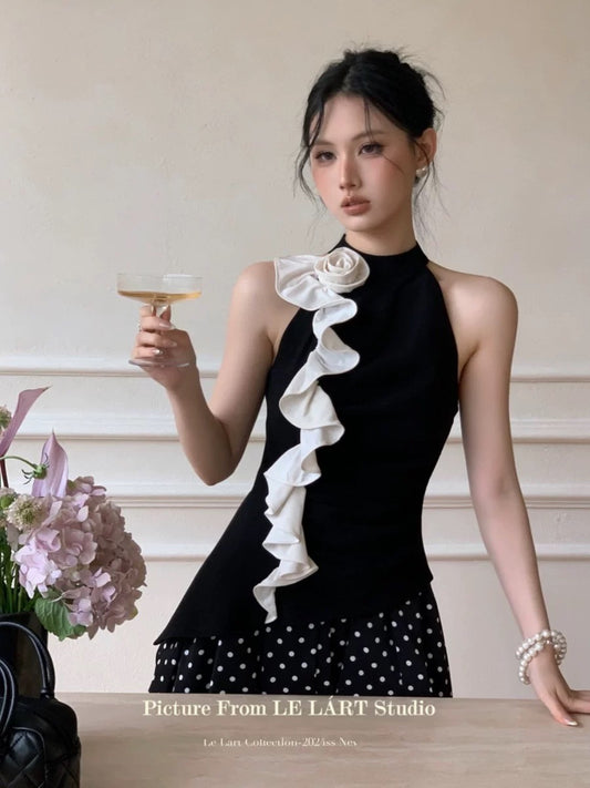 LELART new summer French temperament pure and elegant flowers wood ear edge slim halter neck vest top