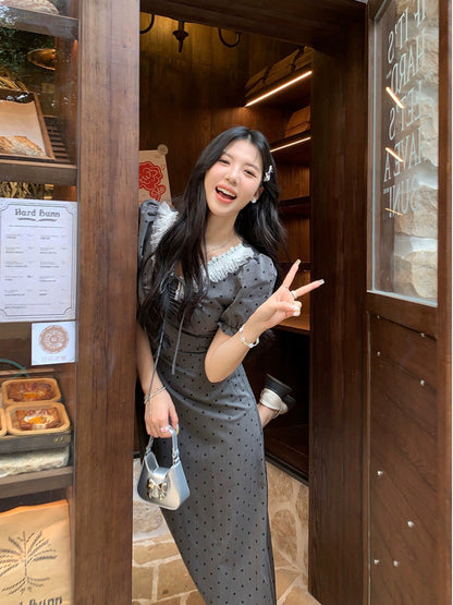 Sweet and Spicy Duoduo [Salt Girl] Gray short-sleeved dress for women summer pear-shaped waist slimming polka-dot skirt
