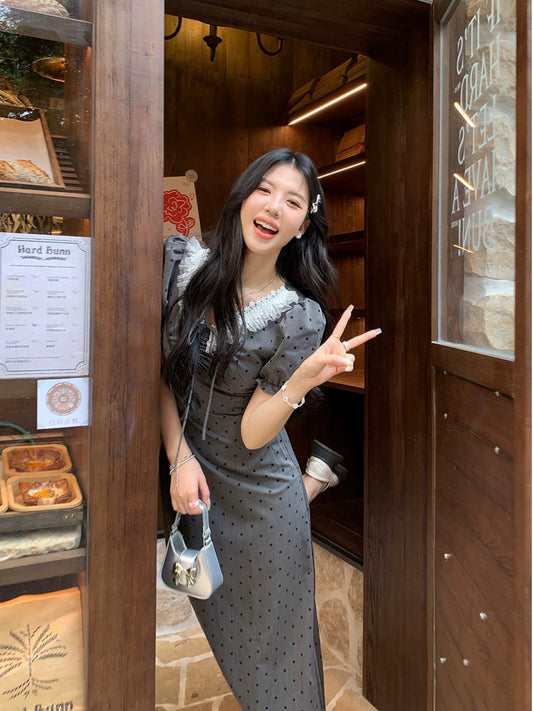 Sweet and Spicy Duoduo [Salt Girl] Gray short-sleeved dress for women summer pear-shaped waist slimming polka-dot skirt
