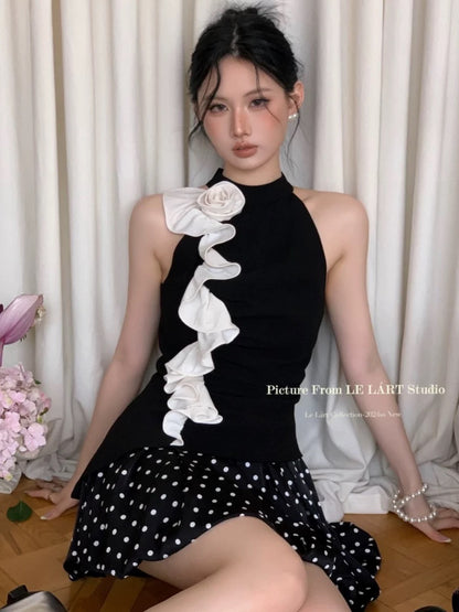 LELART new summer French temperament pure and elegant flowers wood ear edge slim halter neck vest top