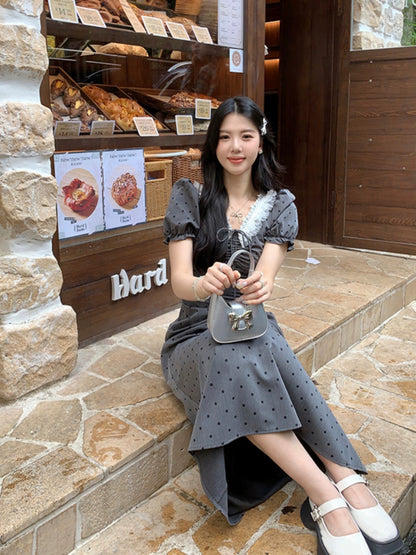 Sweet and Spicy Duoduo [Salt Girl] Gray short-sleeved dress for women summer pear-shaped waist slimming polka-dot skirt