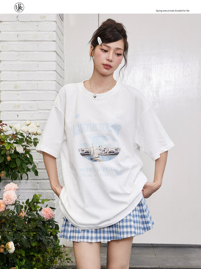 Beikastudios white T-shirt women's short-sleeved summer new American retro sailboat print loose cotton half-sleeved t