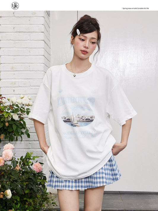 Beikastudios white T-shirt women's short-sleeved summer new American retro sailboat print loose cotton half-sleeved t