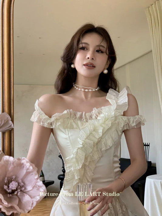 LELART new summer French temperament pure desire style elegant ear edge off-shoulder small shirt female slim short top
