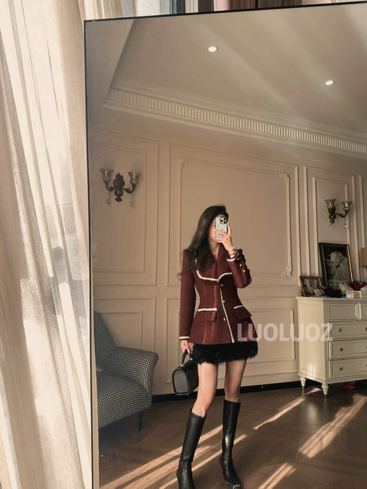 LUOLUOZ【Willow Waves and Orioles】Exquisite Color Thick Top and Short Skirt Two-Piece Set JF111
