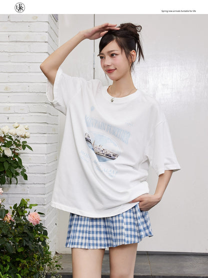 Beikastudios white T-shirt women's short-sleeved summer new American retro sailboat print loose cotton half-sleeved t