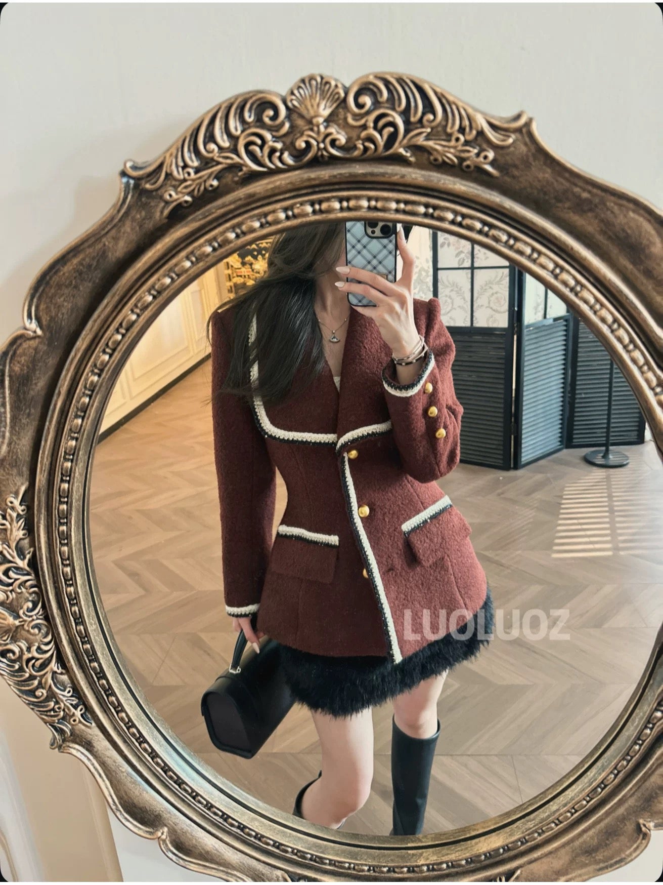 LUOLUOZ【Willow Waves and Orioles】Exquisite Color Thick Top and Short Skirt Two-Piece Set JF111