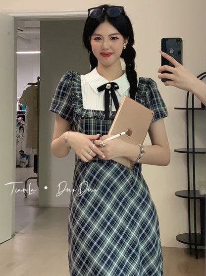 Sweet and Spicy Duoduo [Senior Duoduo] Bow-knot short-sleeved plaid dress for women with summer design and niche design