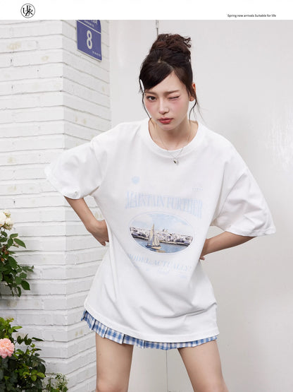 Beikastudios white T-shirt women's short-sleeved summer new American retro sailboat print loose cotton half-sleeved t