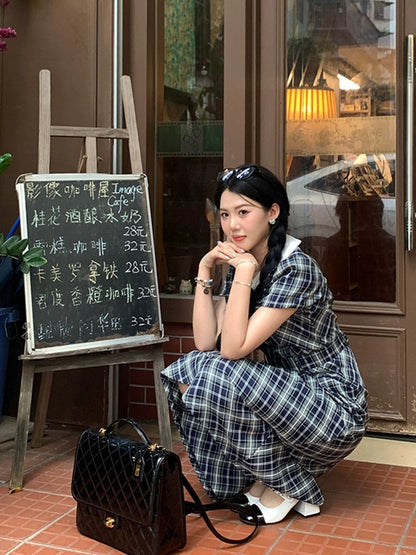 Sweet and Spicy Duoduo [Senior Duoduo] Bow-knot short-sleeved plaid dress for women with summer design and niche design
