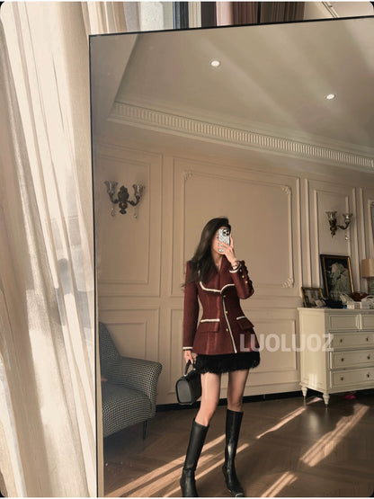 LUOLUOZ【Willow Waves and Orioles】Exquisite Color Thick Top and Short Skirt Two-Piece Set JF111