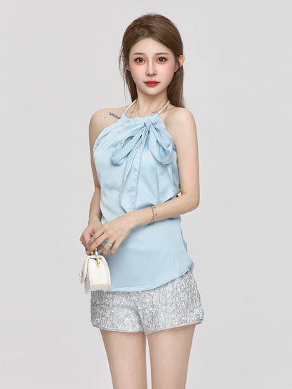 Pure desire sexy bow halter neck sleeveless top female summer sequin high waist a-line shorts high-grade sense two-piece suit