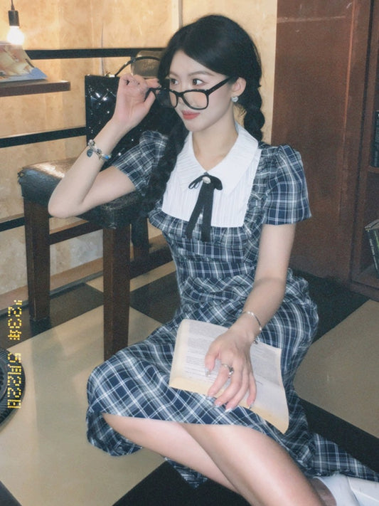 Sweet and Spicy Duoduo [Senior Duoduo] Bow-knot short-sleeved plaid dress for women with summer design and niche design