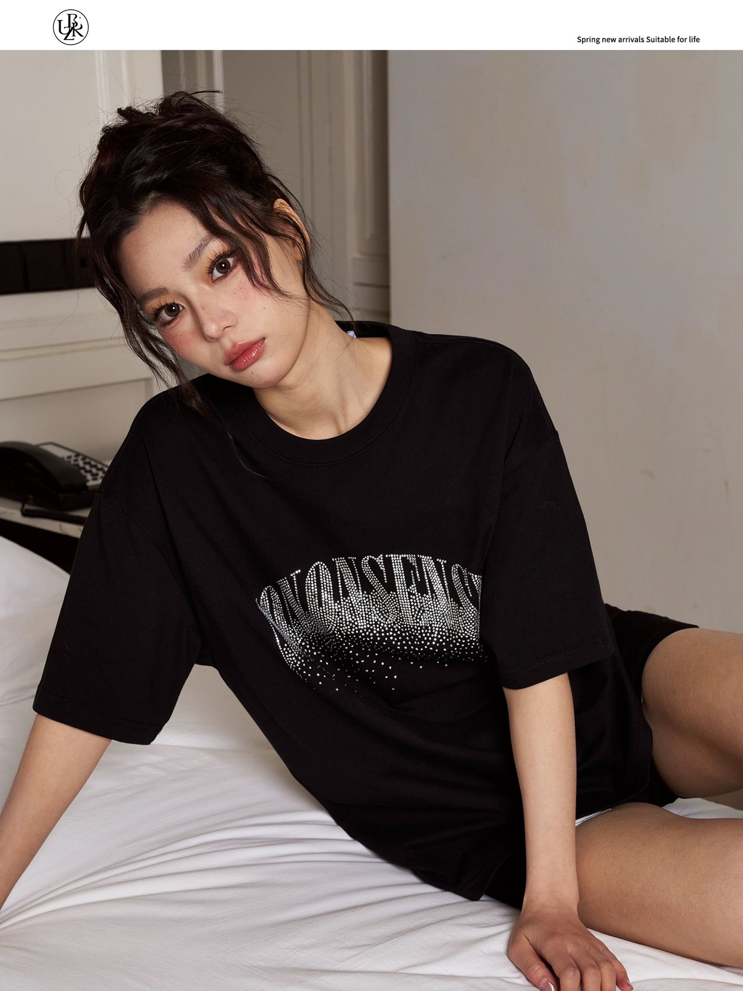 Beikastudios black T-shirt women's short-sleeved summer loose American retro hot diamond starry loose casual tee