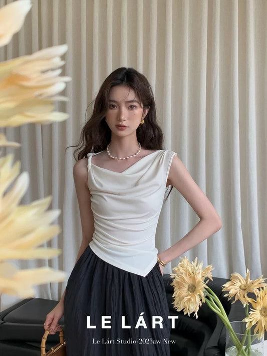 LELART French collar oblique shoulder sleeveless top female design niche twisted slim fit slimming small shirt new summer