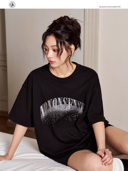 Beikastudios black T-shirt women's short-sleeved summer loose American retro hot diamond starry loose casual tee