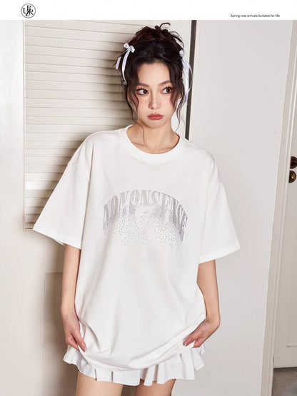 Beikastudios black T-shirt women's short-sleeved summer loose American retro hot diamond starry loose casual tee