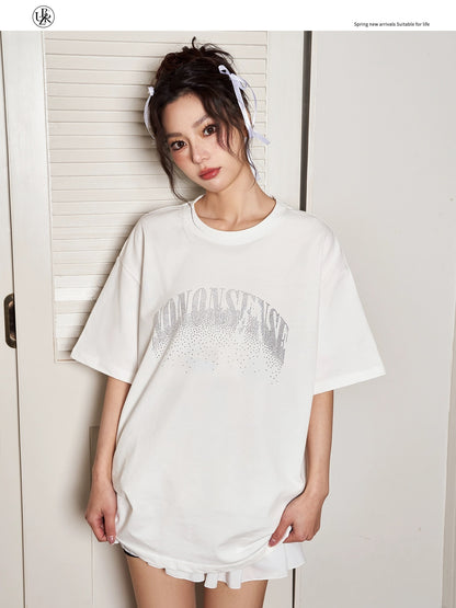 Beikastudios black T-shirt women's short-sleeved summer loose American retro hot diamond starry loose casual tee