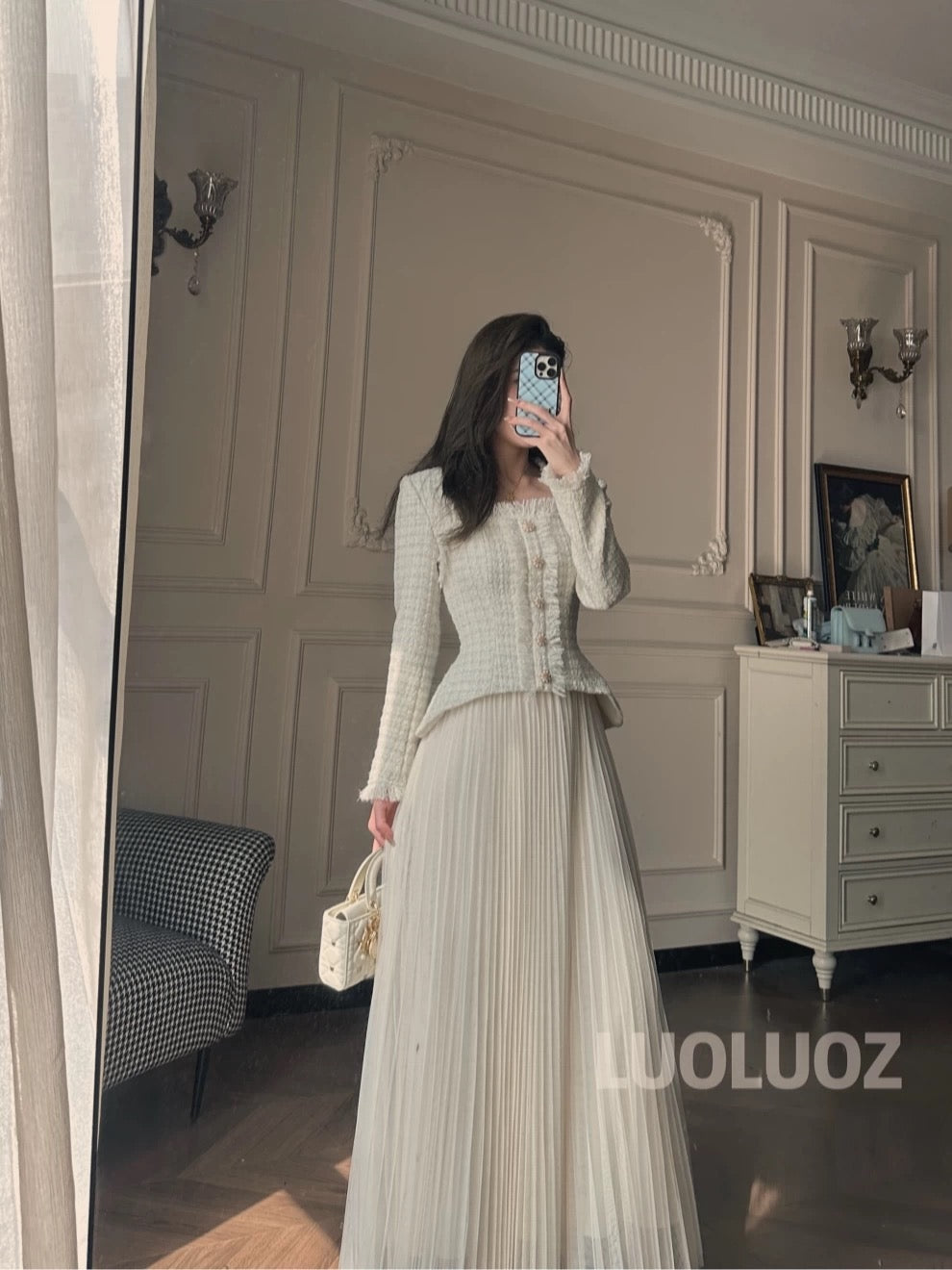 LUOLUOZ【Autumn Twilight】Elegant Faux Two-Piece Fashionable Tassel Waist-Slimming Long Dress JF1050