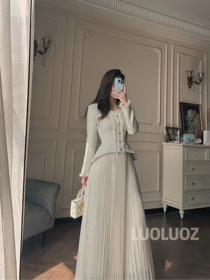LUOLUOZ【Autumn Twilight】Elegant Faux Two-Piece Fashionable Tassel Waist-Slimming Long Dress JF1050