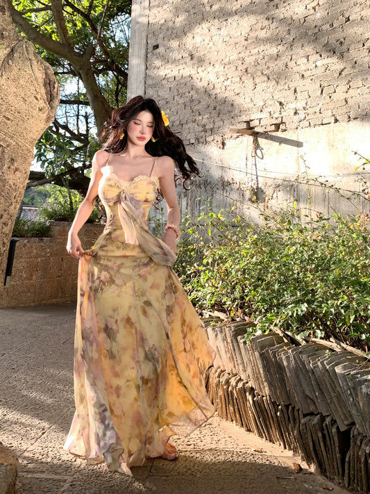 Dust Deng Deng floral suspender dress female 2025 summer new holiday style tube top long dress printed skirt