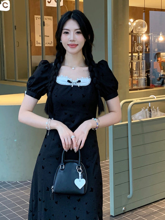 Sweet and spicy [Lanting Youyou] short-sleeved dress for women, summer square collar design, niche temperament, waist slimming