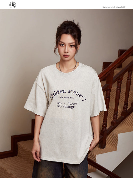 Beikastudios light gray short-sleeved T-shirt women's American retro letter embroidery 260G heavy cotton casual t