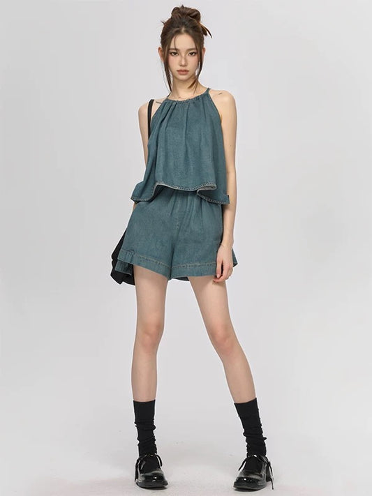 PPWUDAWANG halter neck sleeveless top loose a-line wide-leg shorts retro denim two-piece suit pants women's summer