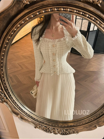 LUOLUOZ【Autumn Twilight】Elegant Faux Two-Piece Fashionable Tassel Waist-Slimming Long Dress JF1050