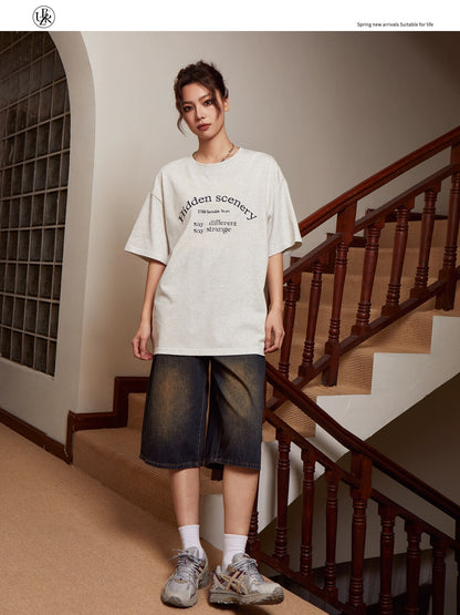 Beikastudios light gray short-sleeved T-shirt women's American retro letter embroidery 260G heavy cotton casual t