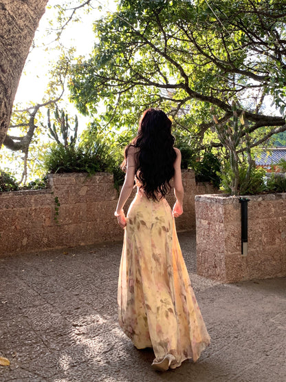 Dust Deng Deng floral suspender dress female 2025 summer new holiday style tube top long dress printed skirt