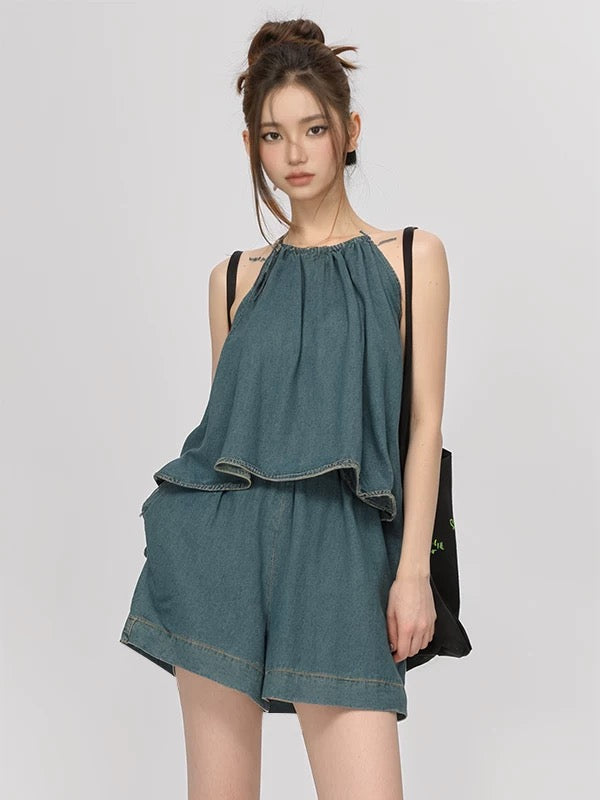 PPWUDAWANG halter neck sleeveless top loose a-line wide-leg shorts retro denim two-piece suit pants women's summer