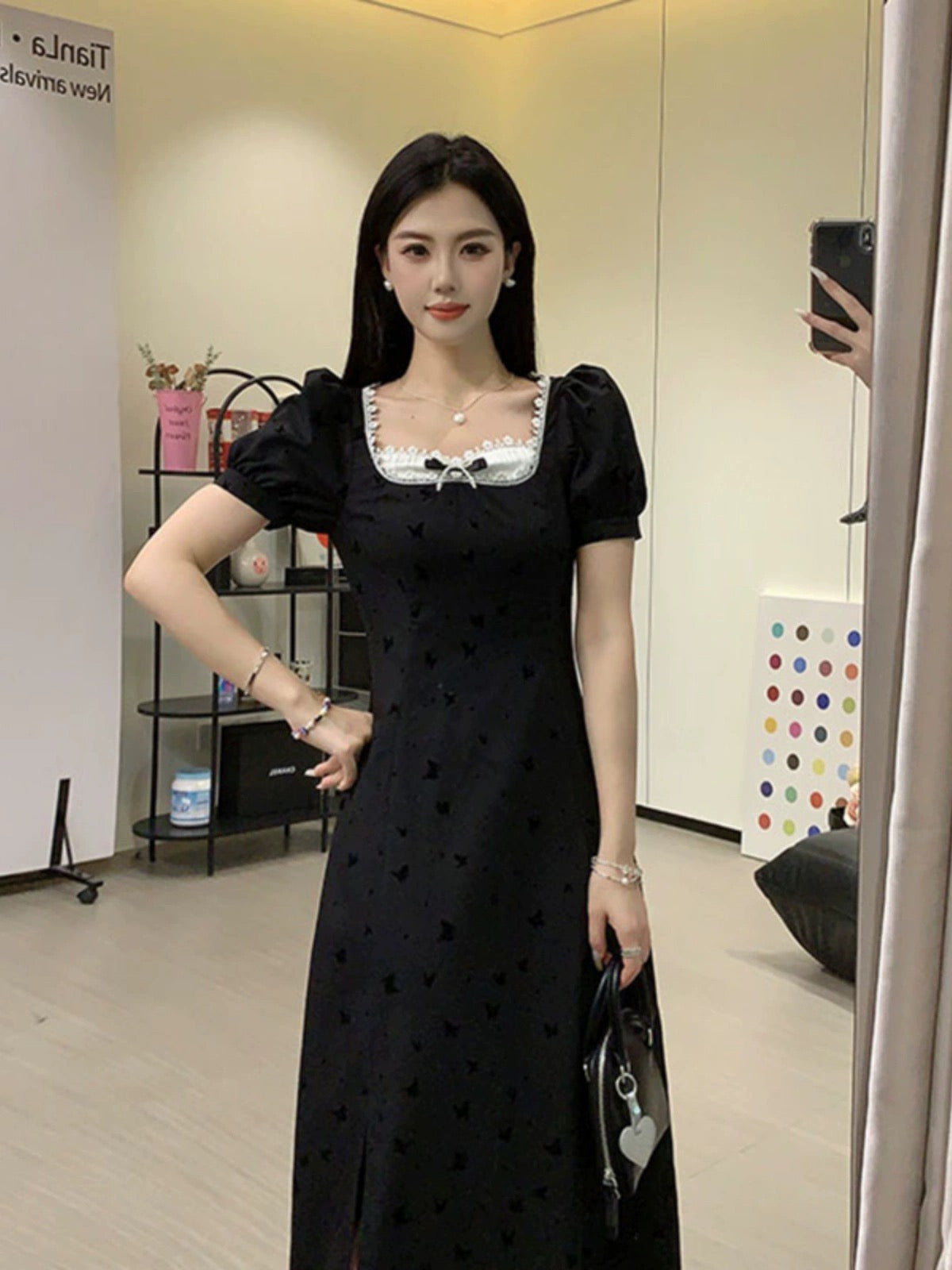Sweet and spicy [Lanting Youyou] short-sleeved dress for women, summer square collar design, niche temperament, waist slimming