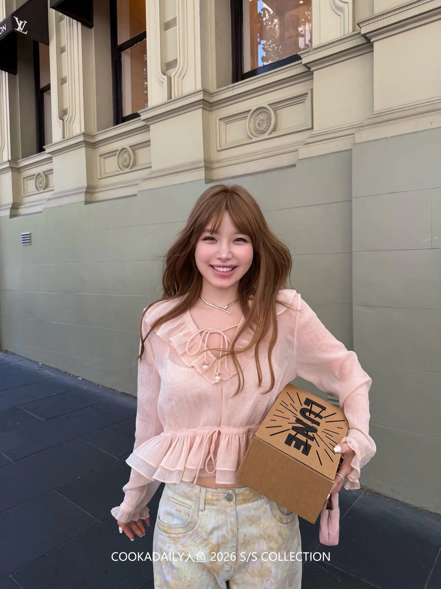cookadaily Mermaid - Juicy Grapefruit Refreshing Beaded Long-Sleeved Girlish Versatile Sheer Top