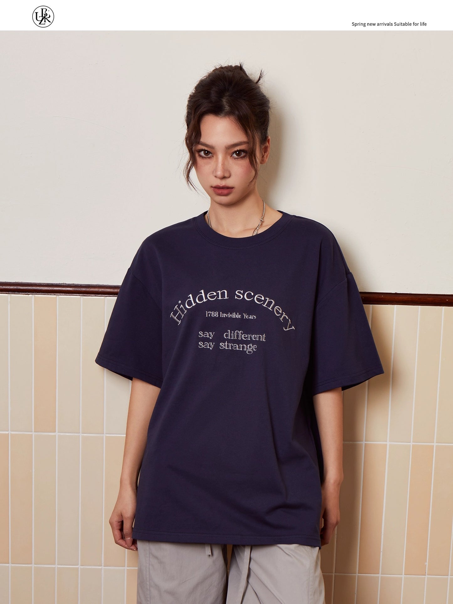 Beikastudios light gray short-sleeved T-shirt women's American retro letter embroidery 260G heavy cotton casual t