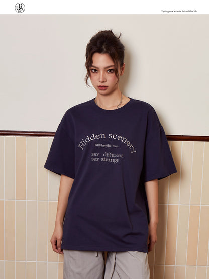 Beikastudios light gray short-sleeved T-shirt women's American retro letter embroidery 260G heavy cotton casual t