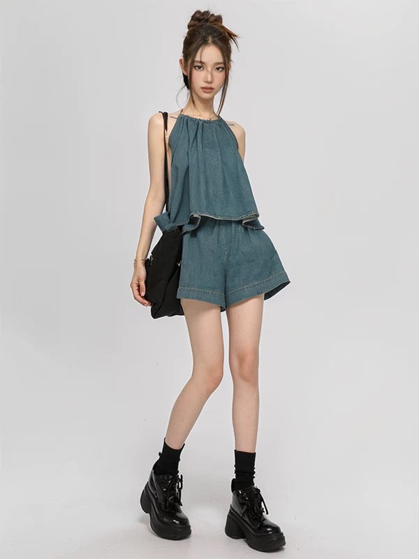 PPWUDAWANG halter neck sleeveless top loose a-line wide-leg shorts retro denim two-piece suit pants women's summer