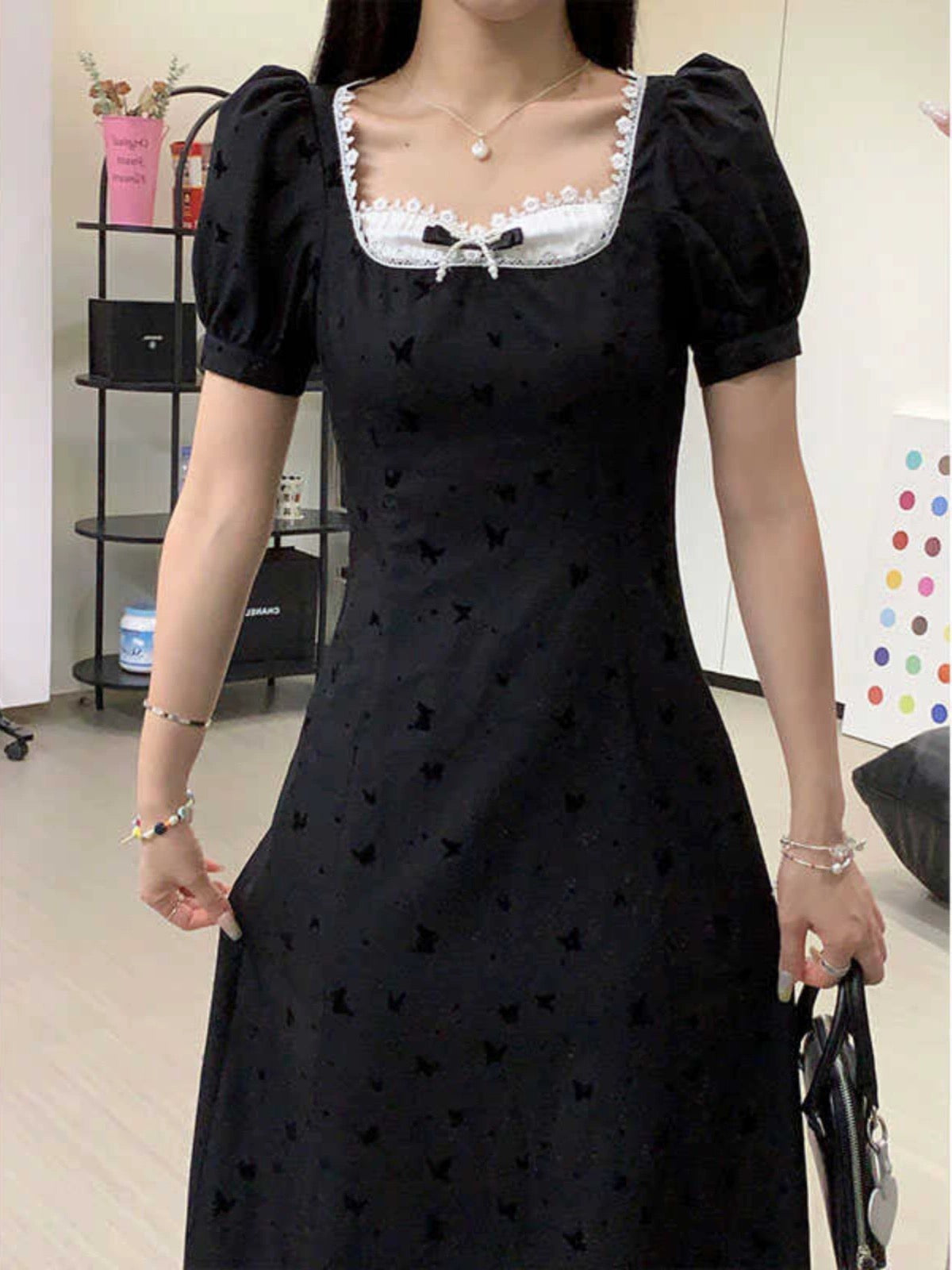 Sweet and spicy [Lanting Youyou] short-sleeved dress for women, summer square collar design, niche temperament, waist slimming