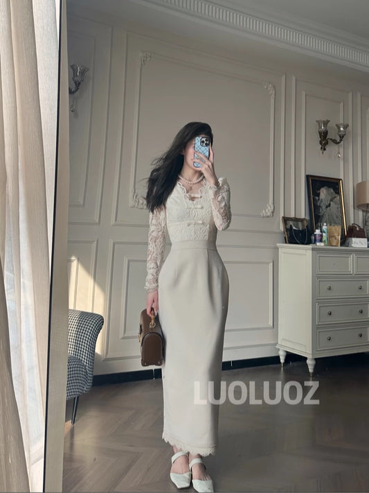 LUOLUOZ【Cherry Blossom Shadow】Elegant Stand Collar Waist-Slimming Long Fashion Dress for Autumn JF100