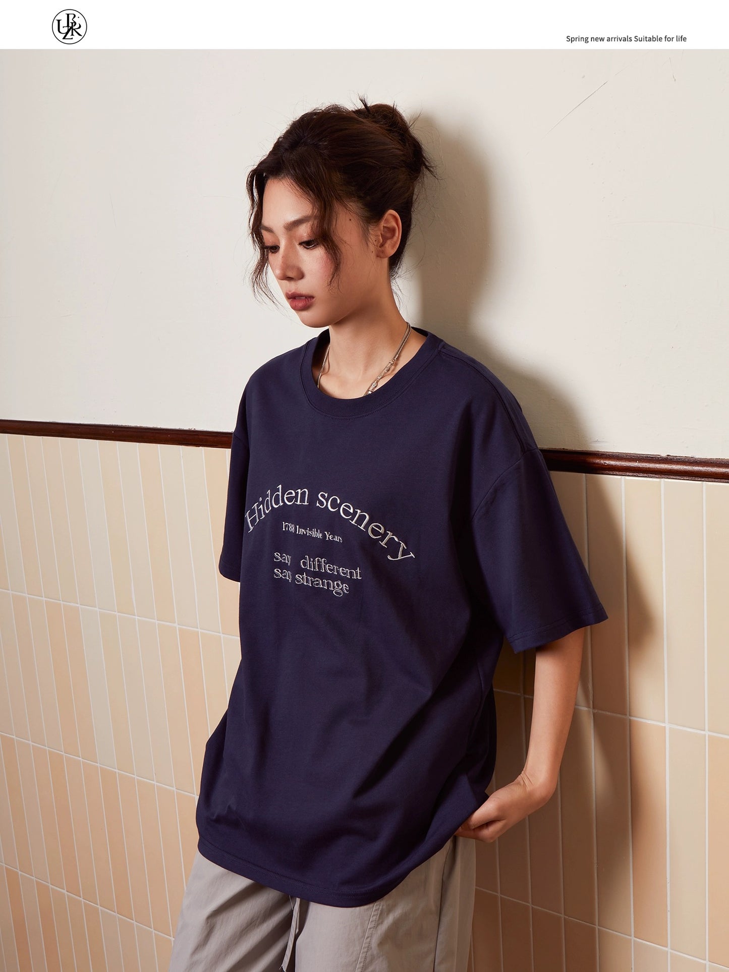Beikastudios light gray short-sleeved T-shirt women's American retro letter embroidery 260G heavy cotton casual t