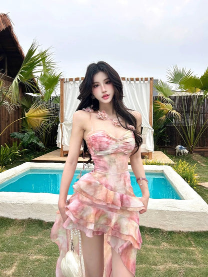Dust Deng Deng Holiday style dress female 2025 summer new irregular ruffled short skirt tube top skirt