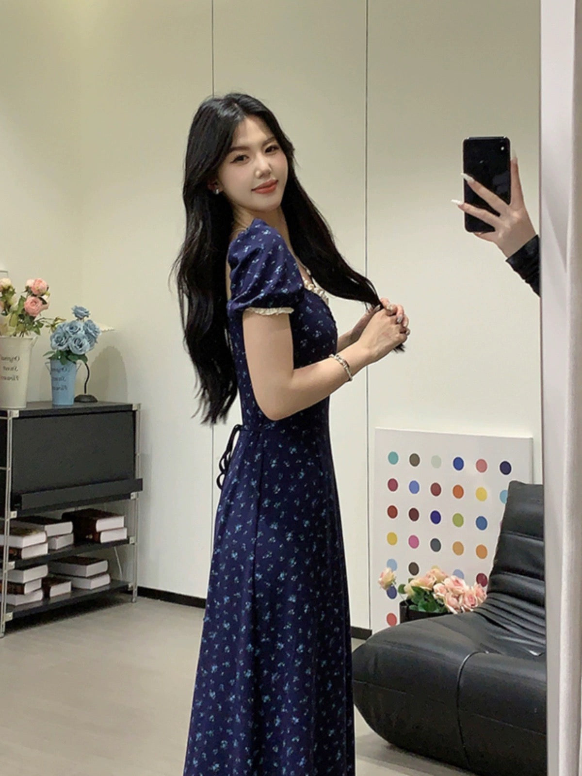 Sweet and Spicy Duoduo [Summer Light Oxygen] Navy Blue Short Sleeve Dress Women's Summer Waist Slimming Floral Skirt