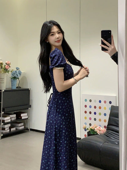 Sweet and Spicy Duoduo [Summer Light Oxygen] Navy Blue Short Sleeve Dress Women's Summer Waist Slimming Floral Skirt
