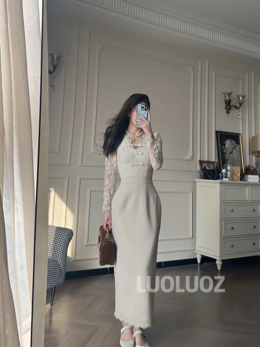 LUOLUOZ【Cherry Blossom Shadow】Elegant Stand Collar Waist-Slimming Long Fashion Dress for Autumn JF100