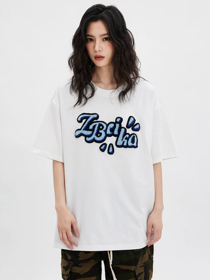 Zobeka trendy white T-shirt women's short-sleeved summer American retro towel embroidered letters casual round neck pure cotton half-sleeved t