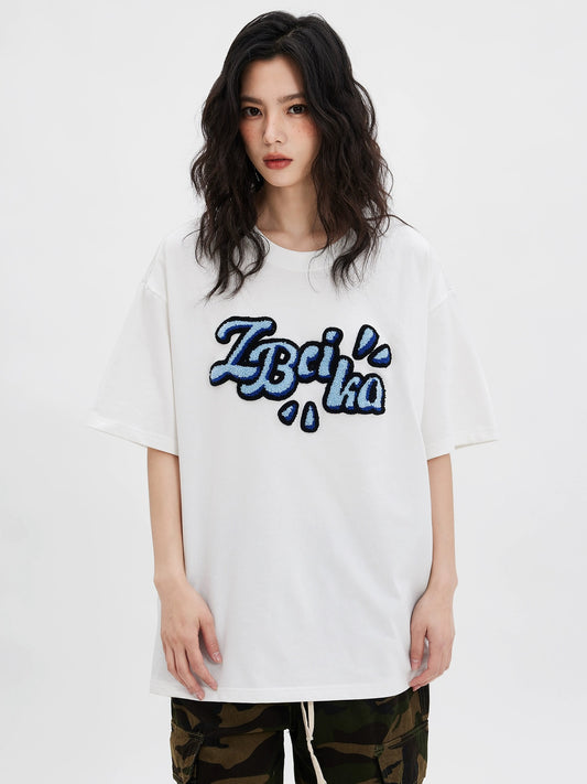 Zobeka trendy white T-shirt women's short-sleeved summer American retro towel embroidered letters casual round neck pure cotton half-sleeved t
